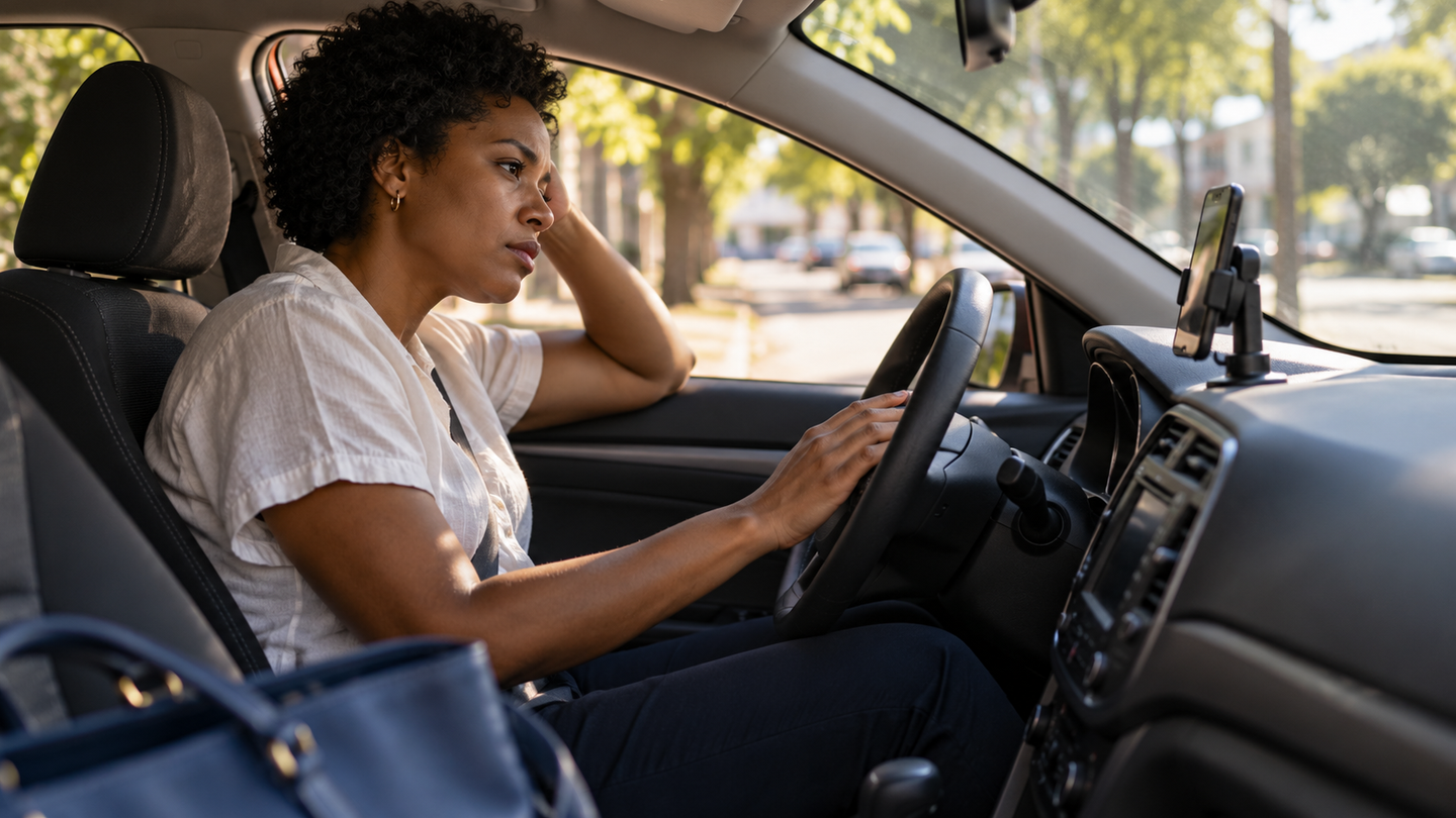 Mulher aguardando no carro com celular acoplado