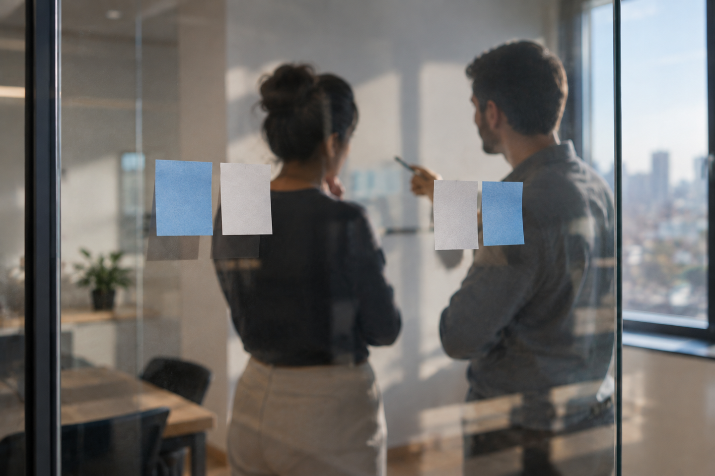 Supervisores cruzando indicadores de atendimento no vidro