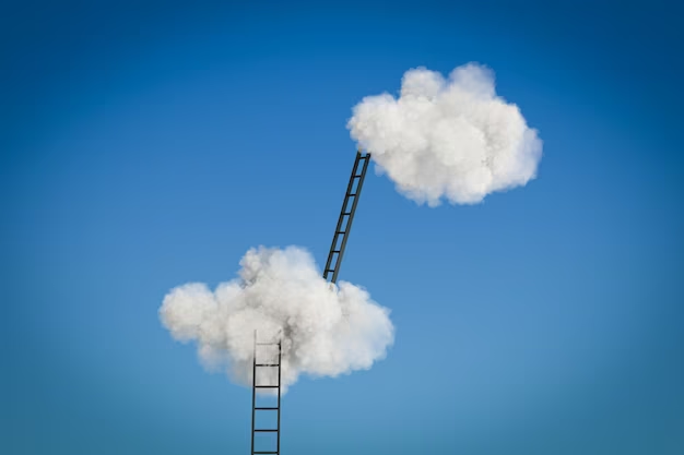 Uma escada subindo até uma nuvem no céu azul, simbolizando o acesso a serviços em nuvem, que podem incluir sistemas de atendimento.

