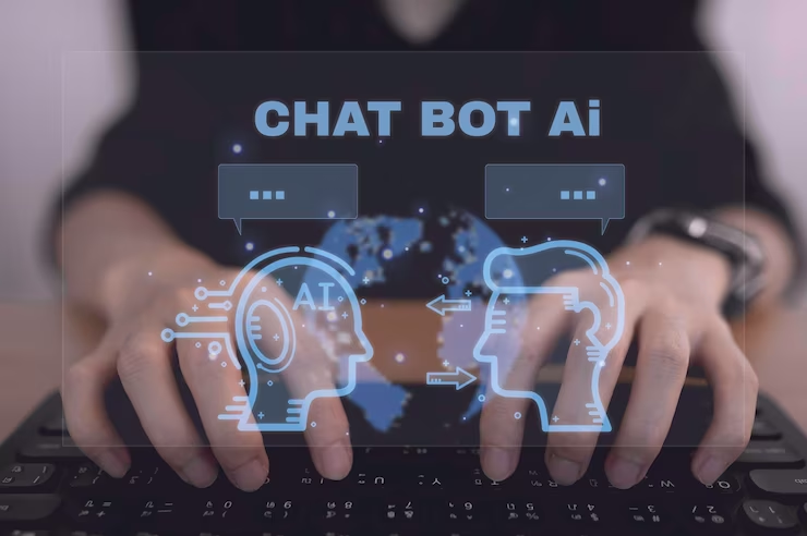 Gráfico conceitual do Chat Bot AI com interação humana e computador, ideal para tecnologia Click to call.