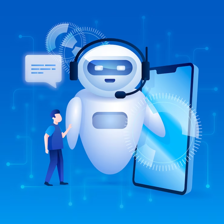 Imagem com um robô humanóide e uma figura humana interagindo por meio de uma grande interface de smartphone
