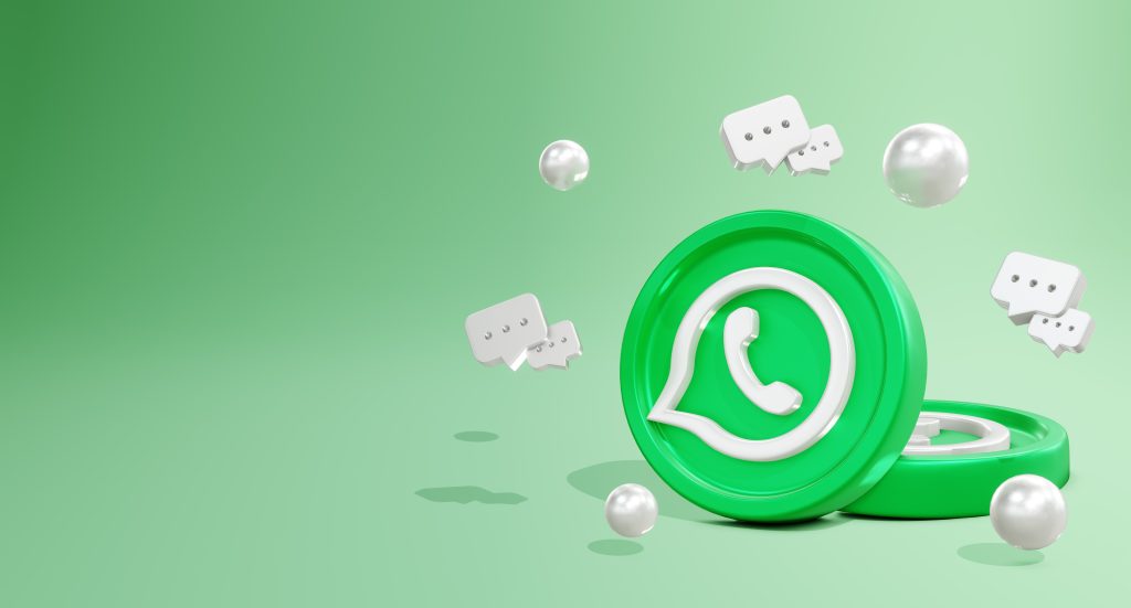 Ícone do WhatsApp em destaque em um ambiente digital 3D sugere o espaço inovador que o aplicativo ocupa nas comunicações modernas.