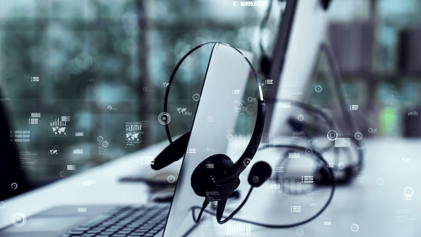 Fones de ouvido sobre um teclado moderno, indicando a prontidão para comunicação digital e assistência ao cliente.

