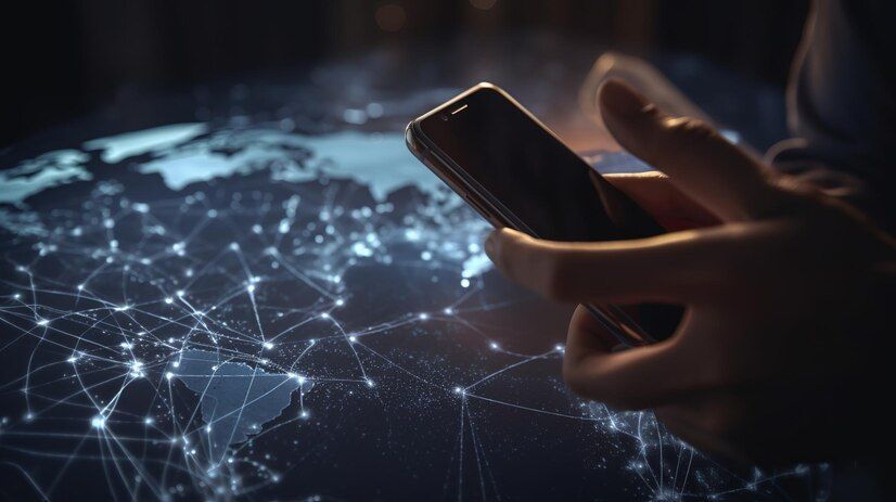 Uma imagem abstrata de uma mão segurando um smartphone com uma rede global conectada, simbolizando a eficiência e o alcance da comunicação digital como alternativa para redução de custos de telefonia.