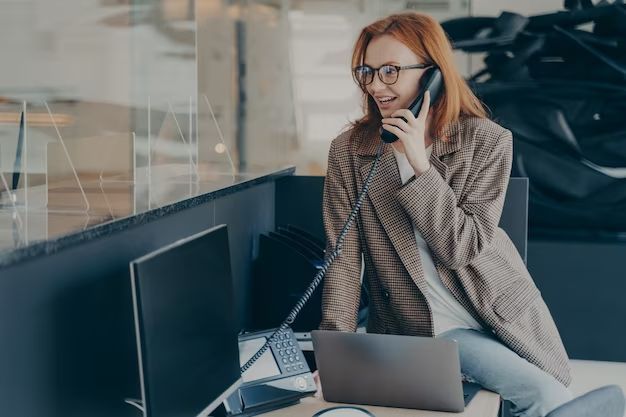 Uma mulher de negócios usando um telefone fixo, possivelmente discutindo maneiras de otimizar a comunicação e reduzir custos de telefonia na empresa.
