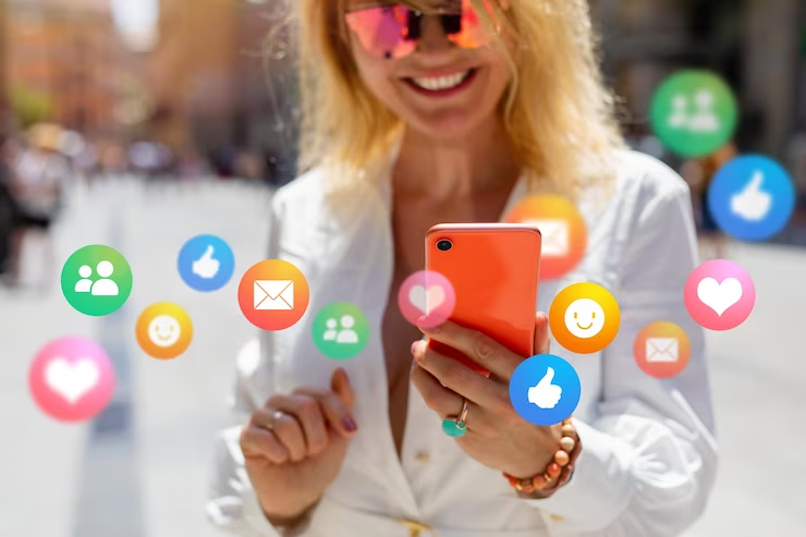 Mulher sorridente interagindo com ícones de mídia social no smartphone, representando a prospecção de clientes nas redes sociais.