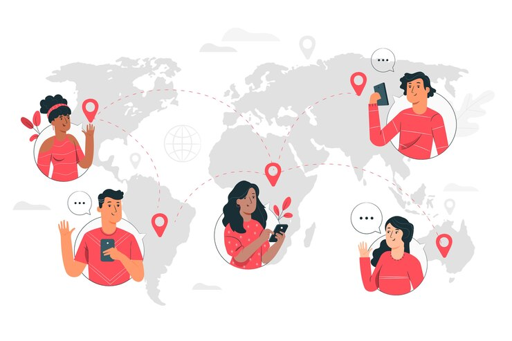 Ilustração conceitual de pessoas conectadas globalmente via smartphones, representando a vasta rede de comunicação Cross Channel.