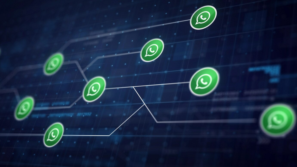 Redes de comunicação virtual com ícones do WhatsApp iluminados, representando a integração do aplicativo em estratégias de marketing e gerenciamento de redes.