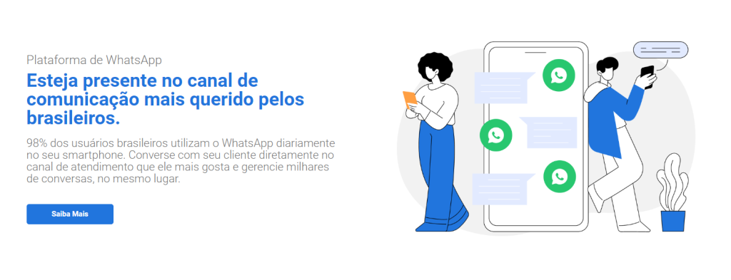 Captura de tela da interface de um serviço de plataforma de WhatsApp mostrando ilustrações estilizadas de um usuário de smartphone e balões de conversa, enfatizando a comunicação direta e o gerenciamento de múltiplas conversas em um único lugar.