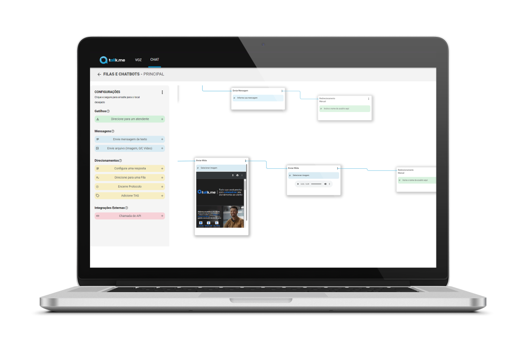 A imagem mostra a interface amigável da plataforma Tallk.me, enfatizando seus recursos de chat e fluxo de trabalho para gerenciamento simplificado de atendimento ao cliente.