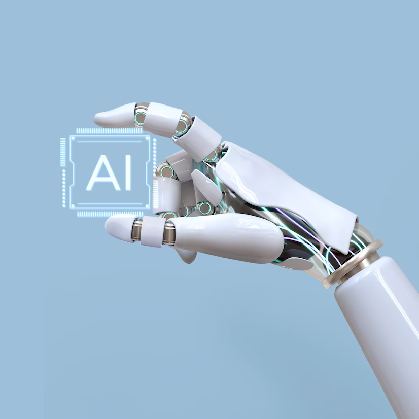 Mão robótica com circuitos visíveis segurando um ícone de AI, simbolizando a capacidade da tecnologia de inteligência artificial de processar e analisar dados, em um fundo azul claro.
