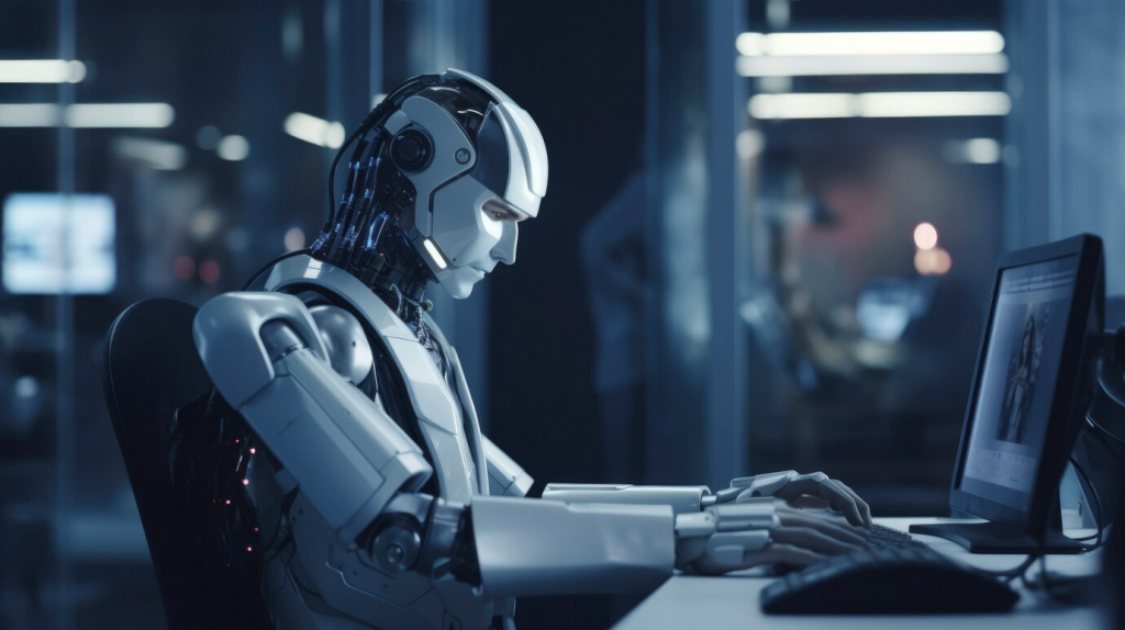 Um robô humanoide sentado em uma estação de trabalho, digitando em um teclado de computador em um ambiente de escritório futurista, ilustrando o uso da inteligência artificial em tarefas administrativas.