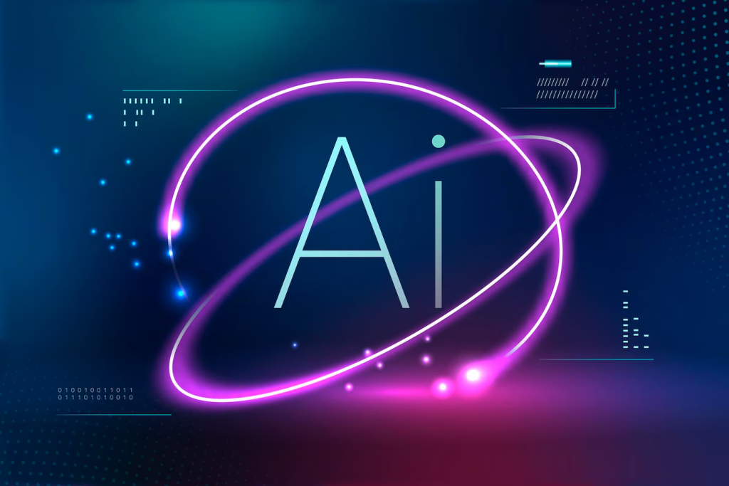 Icone de 'AI' em neon roxo e azul vibrante, envolto por um anel luminoso, representando a tecnologia de Inteligência Artificial. O design moderno e futurista é destacado em um fundo escuro com elementos digitais e partículas brilhantes, simbolizando a inovação e o avanço tecnológico na área de IA