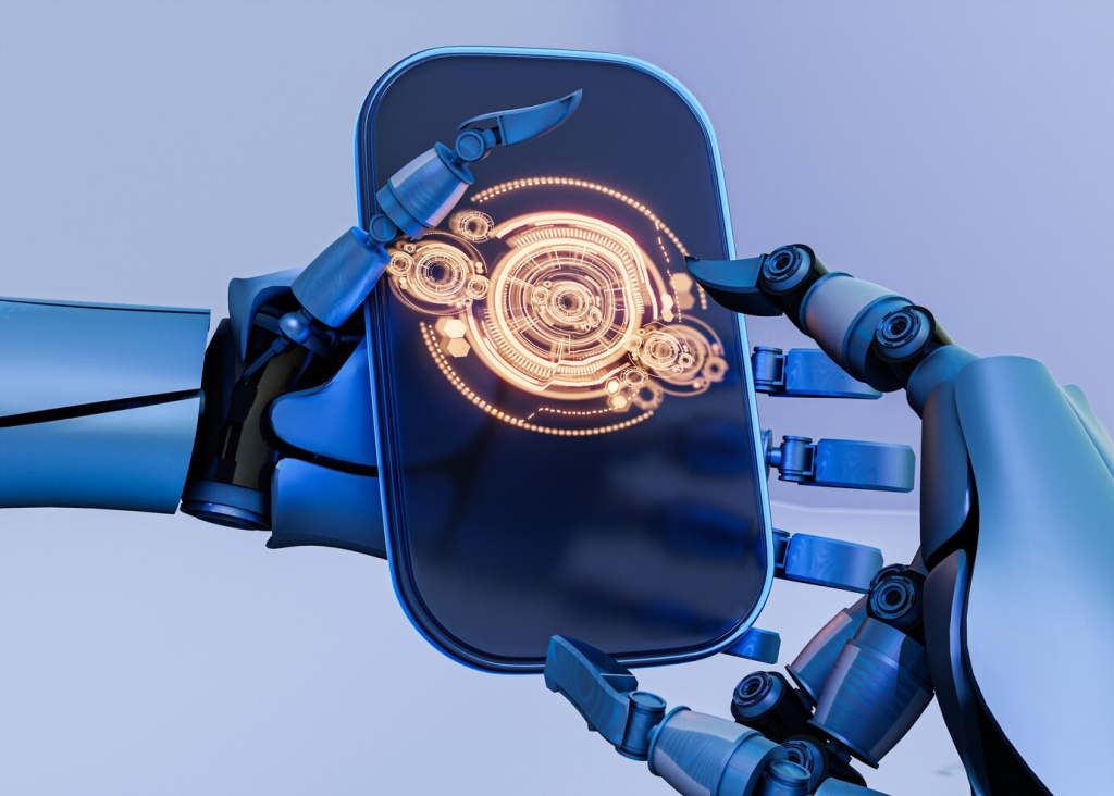 Um braço robótico ajustando um espelho com um mecanismo intrincado, refletindo o avanço da tecnologia de inteligência artificial em sistemas.