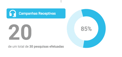 Gráfico circular representando 85% de desempenho em campanhas receptivas, acompanhado de texto indicando que 20 de um total de 30 pesquisas foram realizadas, com destaque para serviços relacionados a 0800 VoIP.
