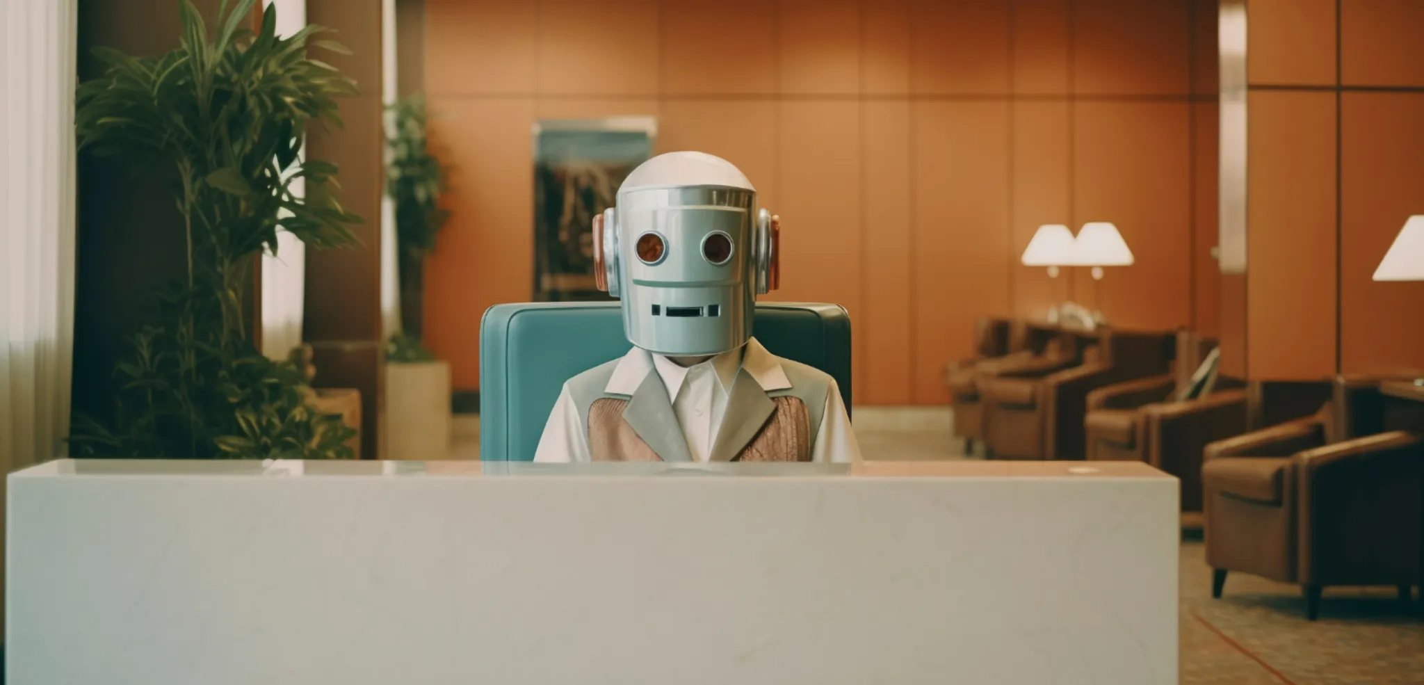 Robô representando o que é IA no atendimento ao cliente em ambiente corporativo de recepção