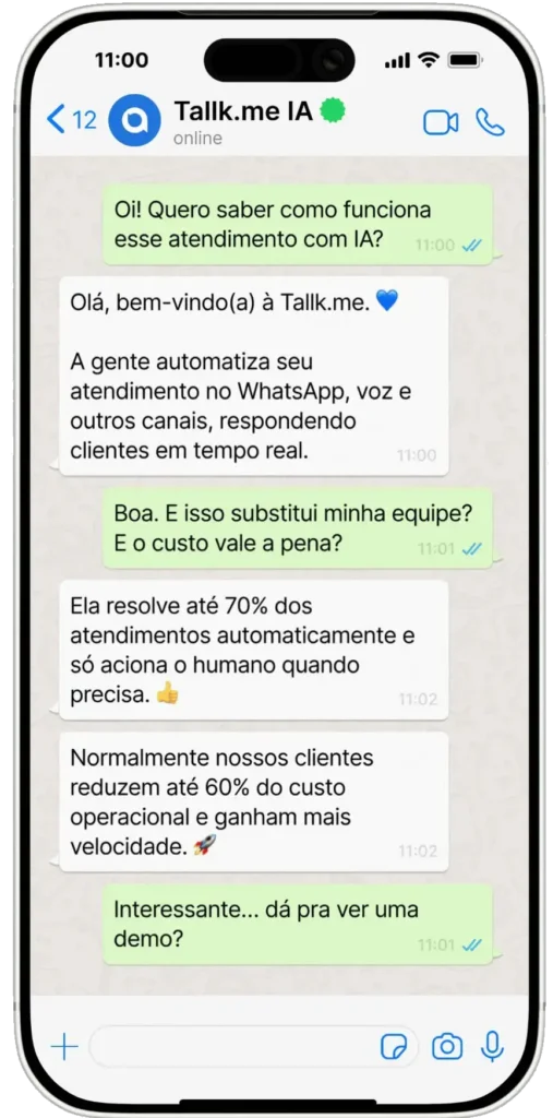 Conversa automatizada no WhatsApp com IA da Tallk.me