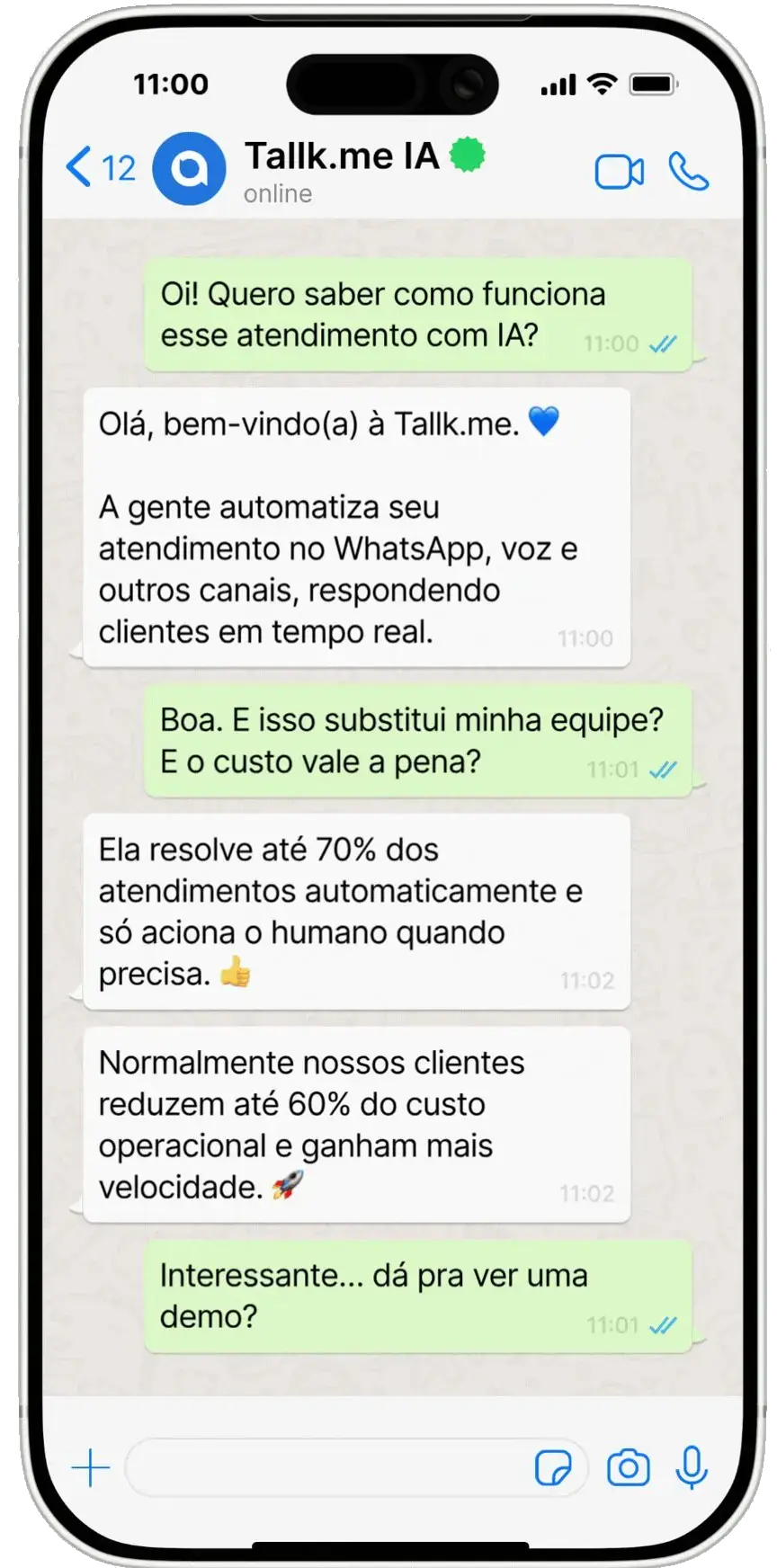 Conversa automatizada no WhatsApp com IA da Tallk.me