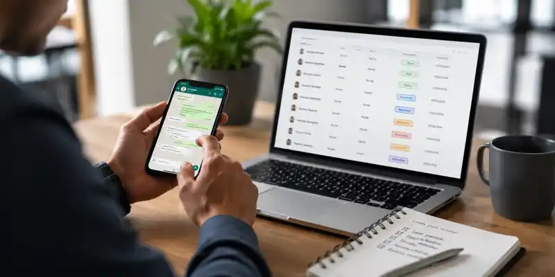 Profissional acompanhando lista de leads e conversas de WhatsApp em rotina de follow-up comercial