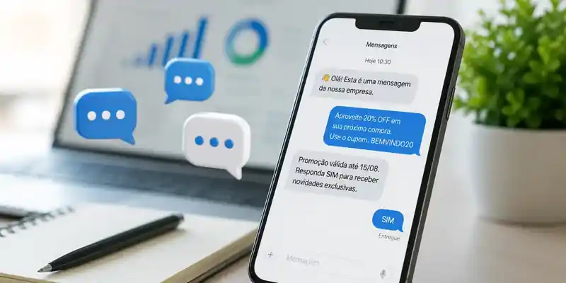 Smartphone exibindo mensagens de SMS em contexto de marketing e comunicação com clientes